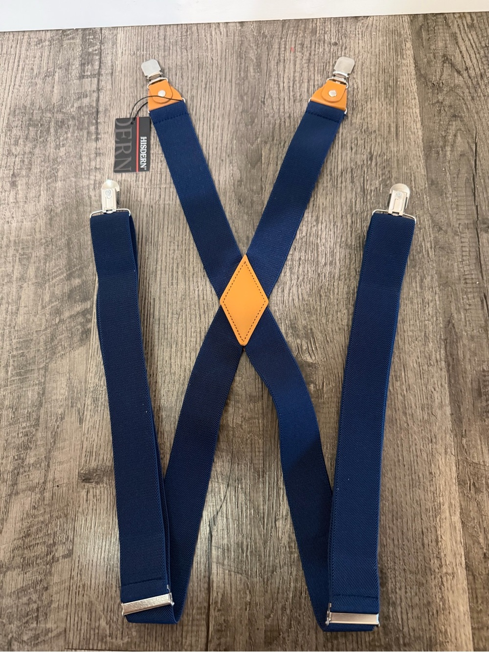 HISDERN Men’s Navy Blue Suspenders Tan Leather Accents NWT